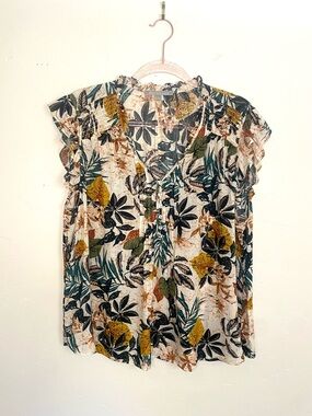Daniel Rainn Women's XL Flutter Sleeve Cream Floral Button-Front V-Neck Blouse